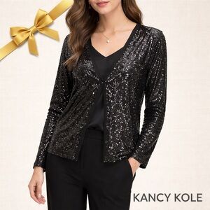 Kancy Kole Black Sequin Button Front Cardigan XL NWT